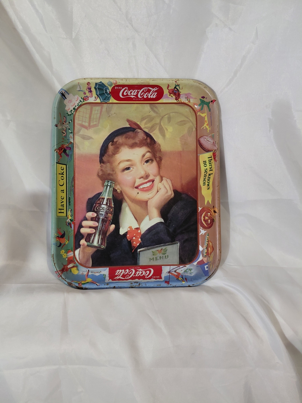 Coca Cola Vintage Girl Serving Tray in Red, Blue, Green, Cream
